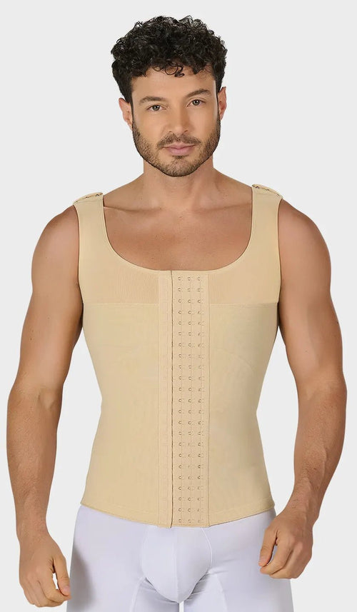 Chaleco masculino beige moldeador colombiano, espalda y manga sisa cubiertas, refuerzo abdominal y de espalda con hombro ajustable y 4 niveles de ganchos. Ordena hoy, envío a todo México.