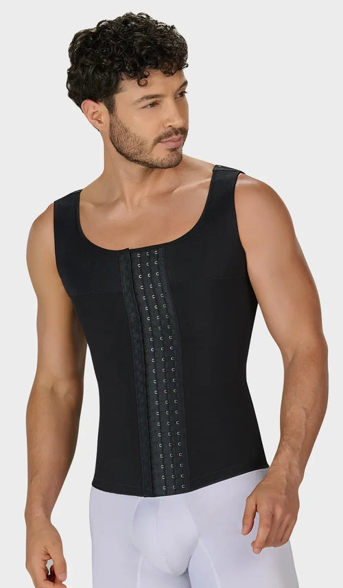 Chaleco masculino negro moldeador colombiano, espalda y manga sisa cubiertas, refuerzo abdominal y de espalda con hombro ajustable y 4 niveles de ganchos. Ordena hoy, envío a todo México.